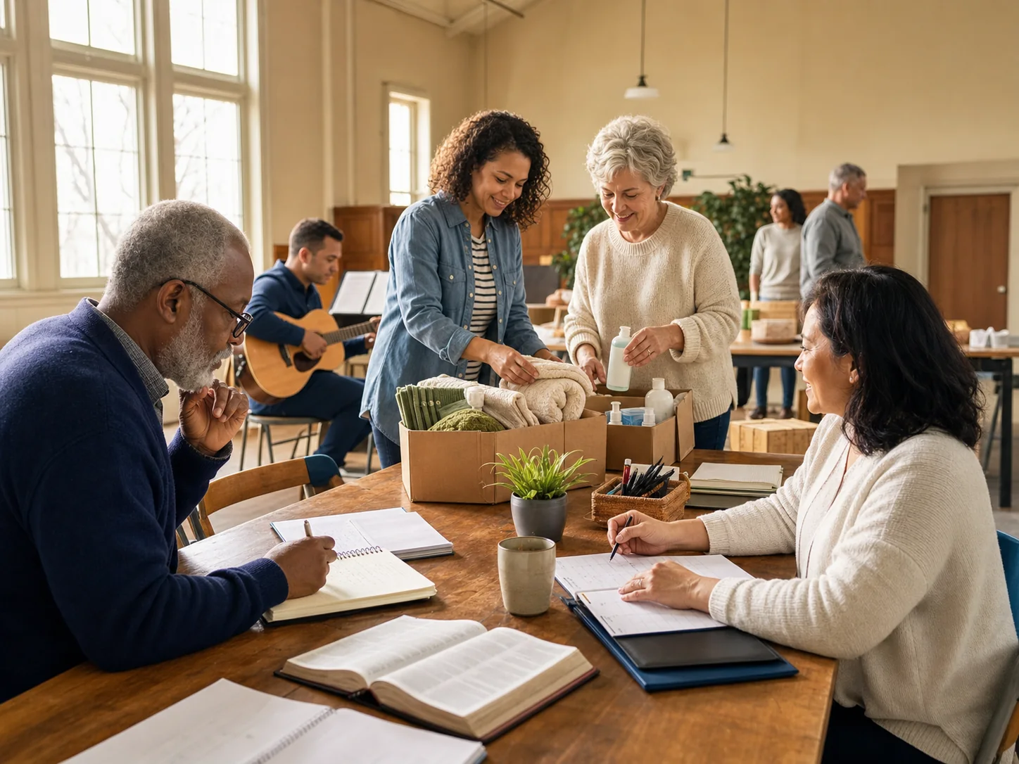 Church members contributing different gifts through teaching, music, care, and planning