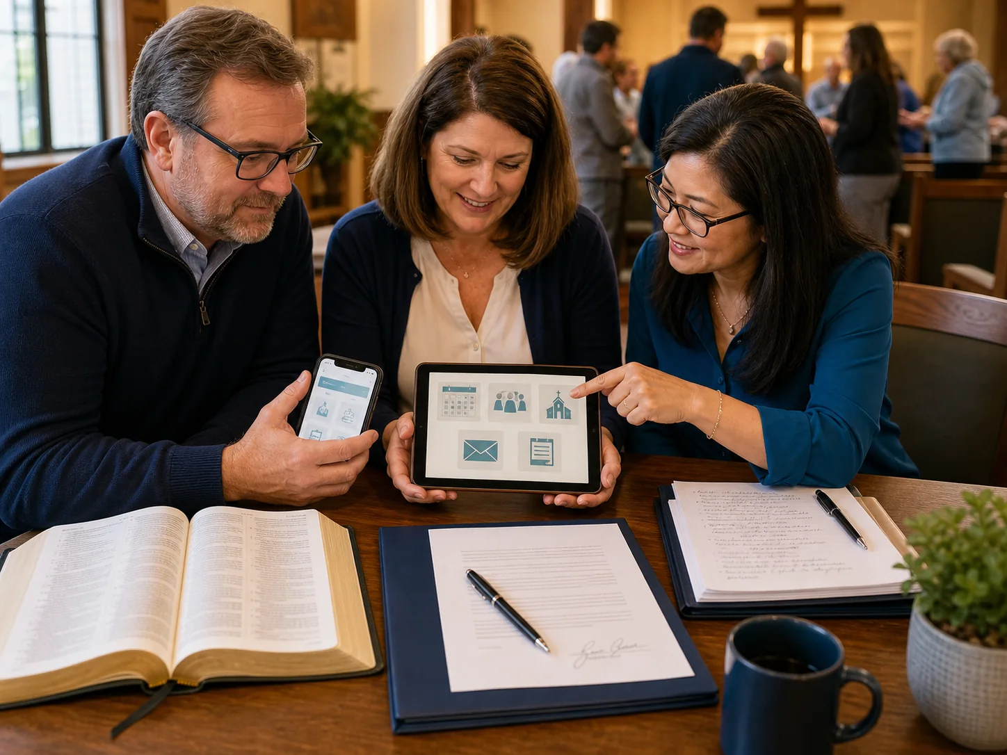 Church leaders using Alliance Hub alongside their governing book, covenant, and meeting records