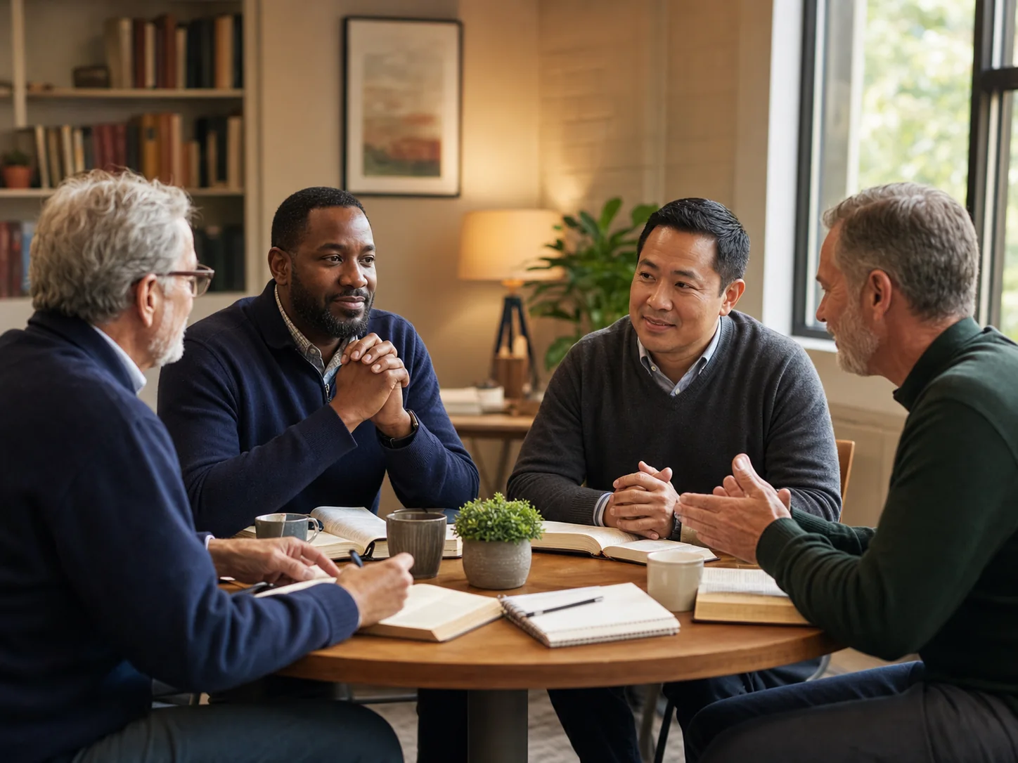 Pastors meeting as peers for fellowship, counsel, and prayer